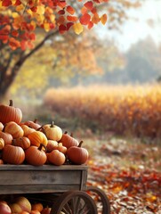 Beautiful autumn scene with a wooden cart filled with pumpkins. the cart is placed on a bed of fallen leaves, and the pumpkins are of various sizes and colors, including orange, yellow, and red.
