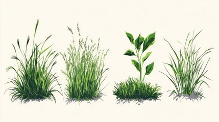 Vibrant Green Grass and Plant Collection: A Detailed Illustration of Lush Meadow Vegetation