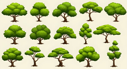 Diverse Tree Collection: A vibrant collection of diverse trees, each rendered in vivid detail, showcasing varied shapes and textures, and celebrating nature's arboreal diversity.