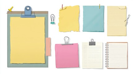 Vector illustration of assorted note paper with clips pins and tape Blank message templates