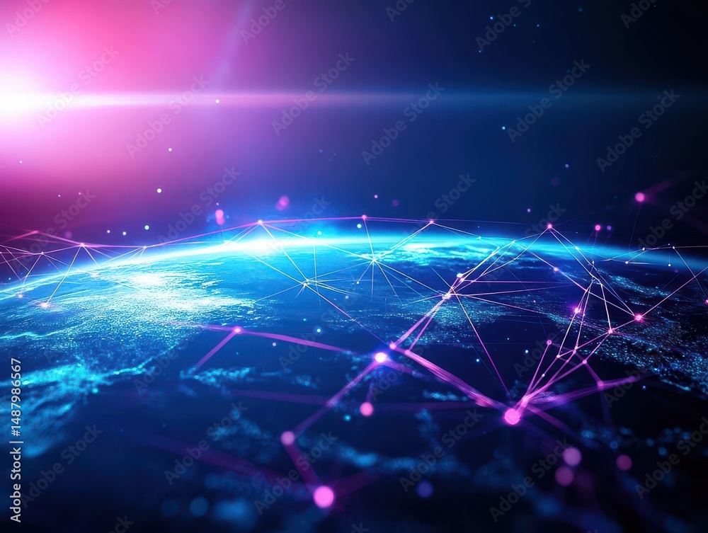 Poster global connectivity visualized with a globe surrounded by dynamic network lines and interconnected n