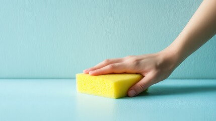 Woman cleaning surface with sponge cloth Closeup pastel blue background Space for text in home setting