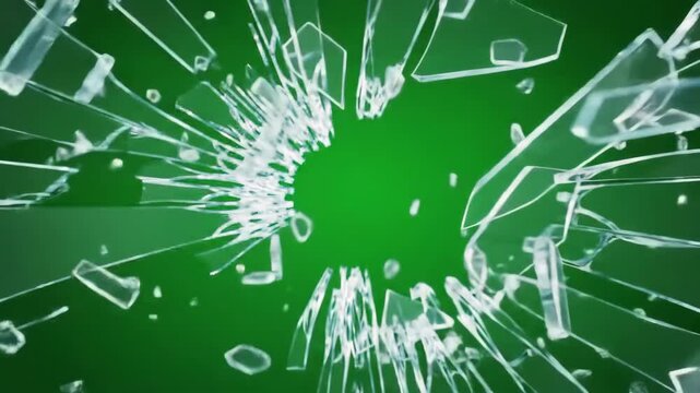 Shattered glass effect on green background. Broken screen simulation. Abstract representation of impact, damage, or digital glitch. Concept for security breach or technology failure.