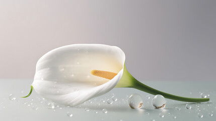Elegant white calla lily with water droplets on a soft gradient background, showcasing natural beauty