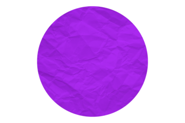 Purple circle sticker with crumpled edges. Wrinkled round paper isolated on transparent background.