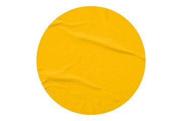 yellow circle sticker with crumpled edges. Wrinkled round paper isolated on transparent background.