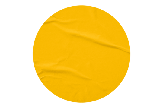 yellow circle sticker with crumpled edges. Wrinkled round paper isolated on transparent background.