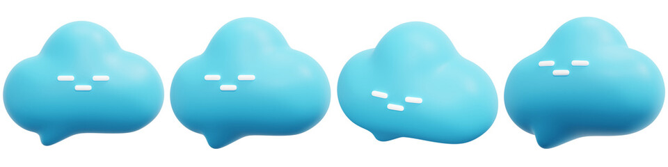 Set of Cute cartoon clouds with expressive faces in bright blue color 3d Render Icon Illustration