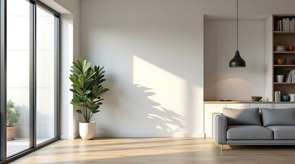 Modern minimalist living room interior with large windows and natural light