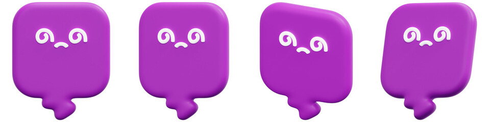 Set of Cute Purple Characters with Sad Expressions on Colorful Background 3d Render Icon Illustration