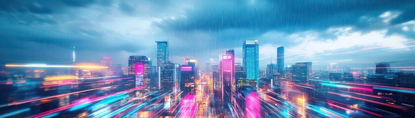 Fototapeta premium Vibrant Cityscape Illuminated at Night with a Kaleidoscope of Colorful Lights Reflecting on Urban Architecture Creating a Lively Urban Atmosphere