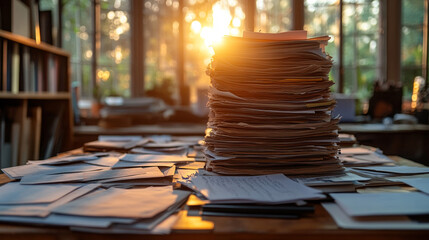 Paper stack on desk, sunset through window, cluttered office