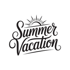 Summer vacation lettering logo with sun vector illustration. Summer label, tag, logo, hand drawn lettering for summer holiday, travel, beach vacation. Summer vacation typography 
