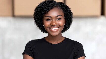 Fototapeta premium Smiling young woman with natural curly hair radiating warmth and confidence against a blurred background of cardboard boxes reflecting a contemporary lifestyle and joyful expression
