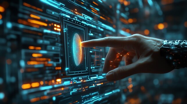 Futuristic fingerprint scan. Hand touching digital interface with biometric security. Technology concept.