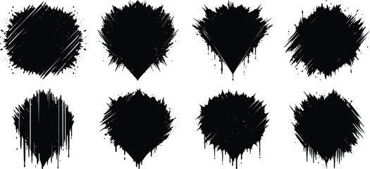 set of black ink splashes vector paint brush stroke, grunge line and white background