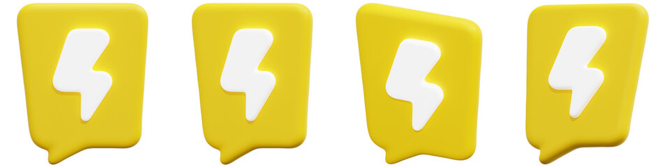Set of Bright Yellow Speech Bubbles with Lightning Bolt Icons for Communication 3d Render Icon Illustration