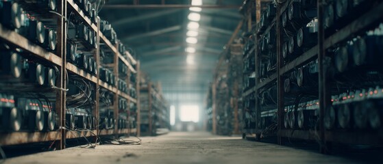 An expansive server room filled with rows of blinking hardware in a hive of technological activity, conveying complexity and innovation.