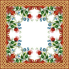 Scarf floral vector pattern from flowers, gold braided belts on a white background