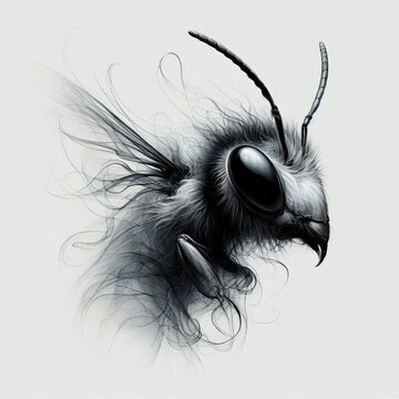 Elegant monochrome drawing of a bee / wasp with flowing, smoke-like abstract lines, isolated on a white background.