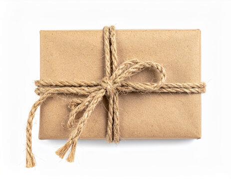 Wrapped gift box with jute rope bow on white background