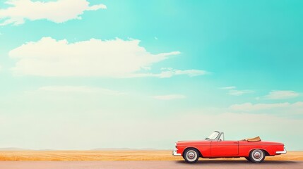Vibrant Red Car Speeding Along Open Road Under Clear Blue Sky Surrounded by Lush Greenery Evoking a Sense of Freedom and Adventure in Nature