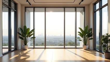 Modern empty room with large windows overlooking a scenic city view and plants