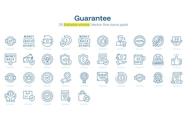 Guarantee line icon pack. Guarantee Stroke icon set. Editable Stroke icon
