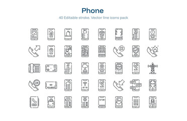 Phone line icon pack. Phone Stroke icon set. Editable Stroke icon