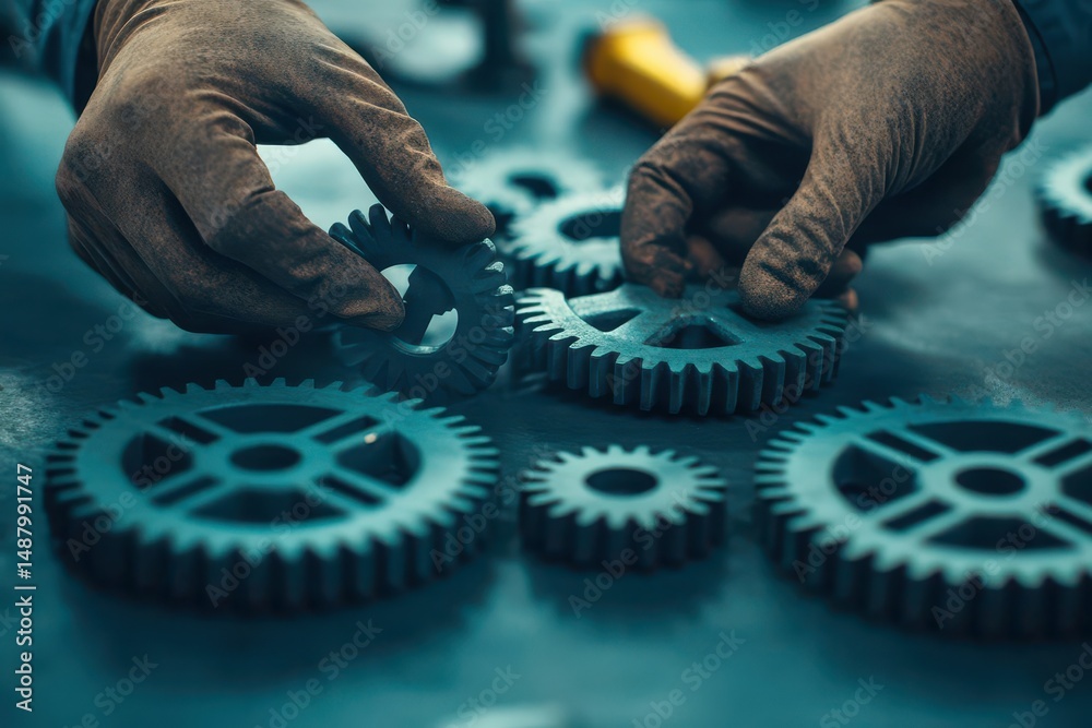 Poster focused individual engaged in mechanical work on intricate gears demonstrating skill precision and d