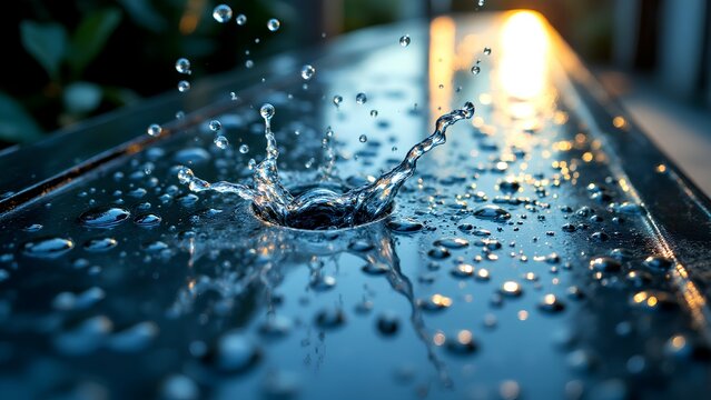 A drop of water splashes on a smooth surface, creating droplets and ripples in the soft glow of natural light.