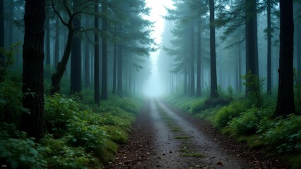Obraz premium A misty forest path stretches into the distance, surrounded by tall trees and lush greenery in a tranquil, atmospheric setting.