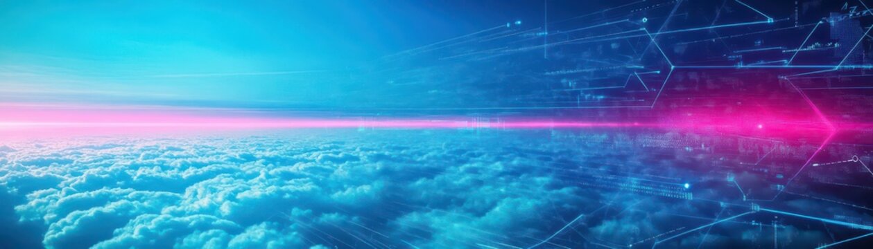 Futuristic Cityscape Above Cloudline with Sleek Skyscrapers and Advanced Architecture Bathed in Neon Lights Creating a Vibrant Urban Atmosphere