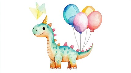 Naklejka premium Cute watercolor dinosaur with balloons and party hat.