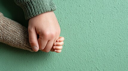Close-up of a hand holding a child's hand with copy space for text on a green background, premium stock photography, studio shot, studio lighting