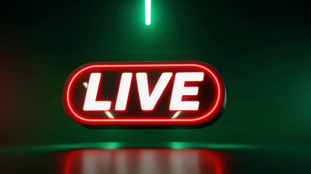 Stylized neon "LIVE" badge on a dark gradient tech background with bright red and green border lighting for live stream elements