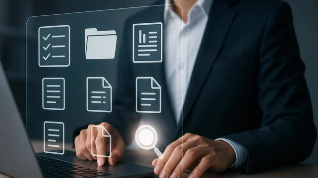 A professional interacting with digital documents on a laptop in an office setting.