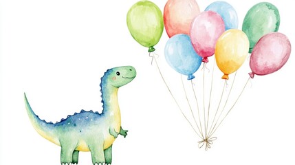 Fototapeta premium Watercolor illustration of a cute dinosaur and colorful balloons.