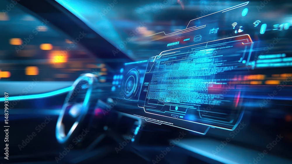 Poster modern car dashboard featuring advanced digital interface with speedometer navigation and entertainm