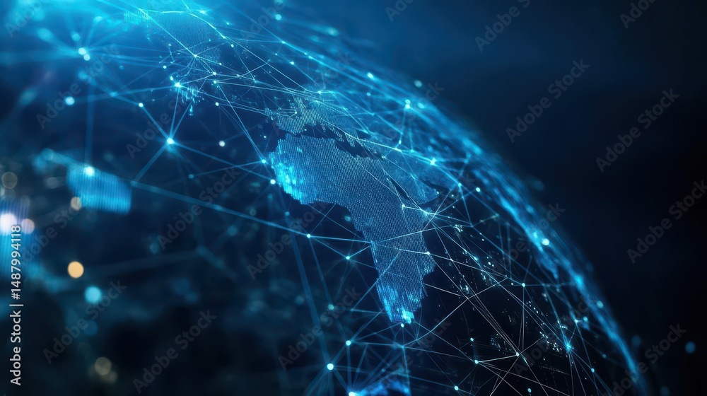 Poster intricate globe surrounded by a web of illuminated connections and dots representing global communic