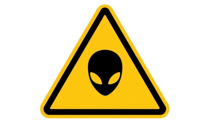 Caution sign with alien symbol in yellow warning triangle shape