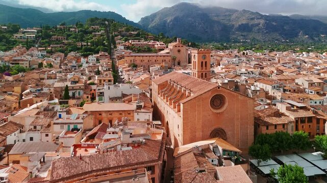 Aerial view of the picturesque town of Pollensa in Mallorca, Spain.