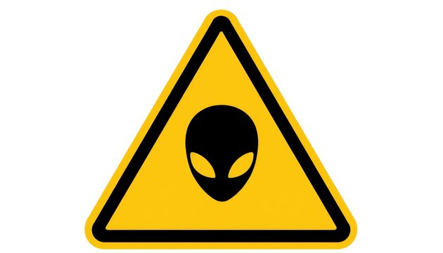 Caution sign with alien symbol in yellow warning triangle shape