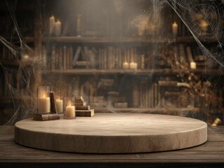 Wooden Round Display Platform with Candles and Books in a Mystic Library Setting