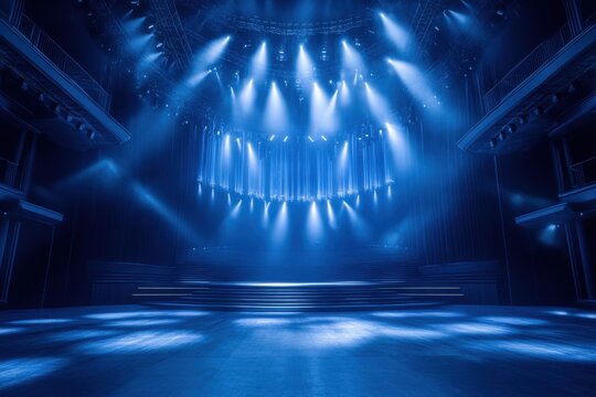 a futuristic theater where AI generates dynamic stage designs and lighting effects in real-time