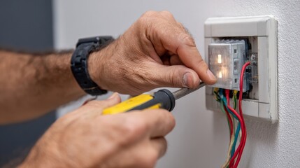 Closeup of electrician working on clients light switch Realistic home repair with textured background