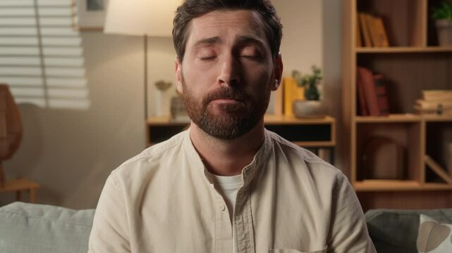 Sad man Caucasian guy unhappy stressed male businessman male homeowner trouble sorrow feel bad health problem pensive upset stress depression tired exhausted crisis mortgage debt at home living room