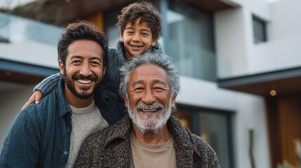 Joyful family portrait: Father, son, and grandfather smilingly sitting together, grandfather carrying son on shoulders, in front of modern house, daylight