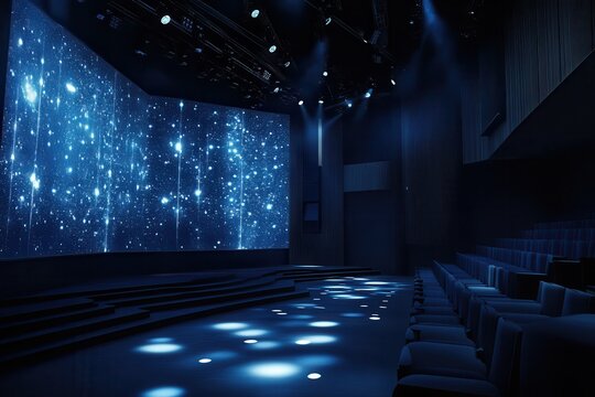 a futuristic theater where AI generates dynamic stage designs and lighting effects in real-time