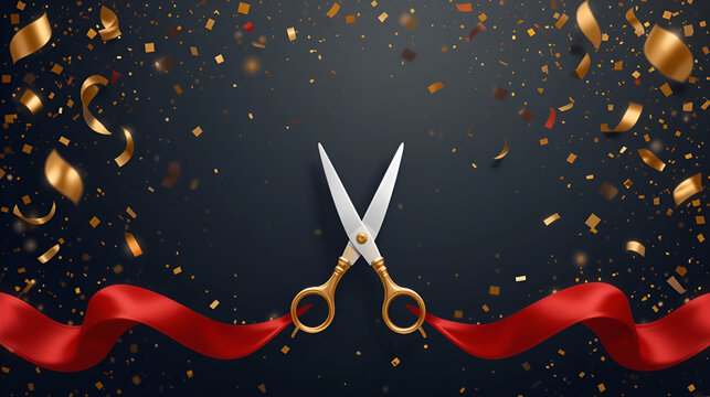 Grand opening. Golden confetti and scissors cutting red silk ribbon, inauguration ceremony banner, opening celebration vector poster